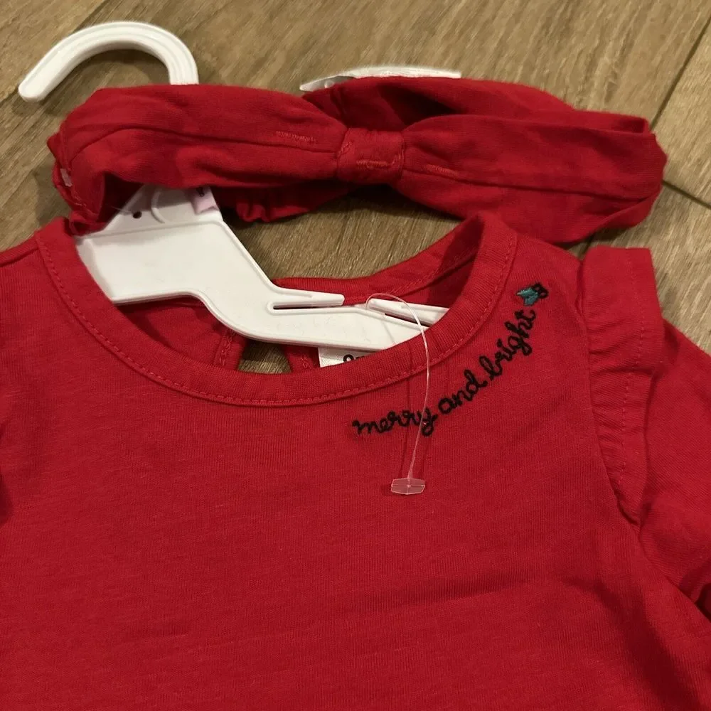 Carter's Baby Girl Holiday Dress Red Plaid 'Merry & Bright Headband 2pc Set 9 Mo
